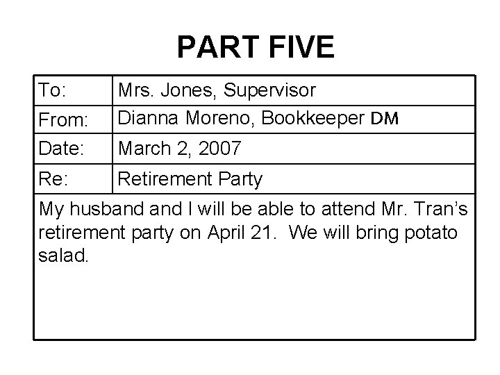PART FIVE To: From: Date: Re: Mrs. Jones, Supervisor Dianna Moreno, Bookkeeper DM March