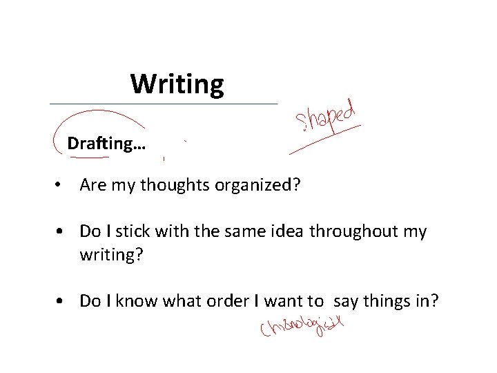 PREWRITING Writing Drafting… • Are my thoughts organized? • Do I stick with the