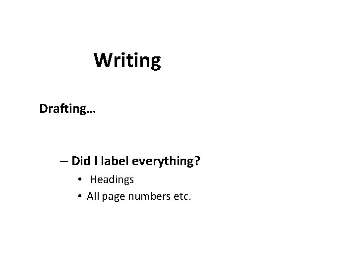 Writing Drafting… – Did I label everything? • Headings • All page numbers etc.