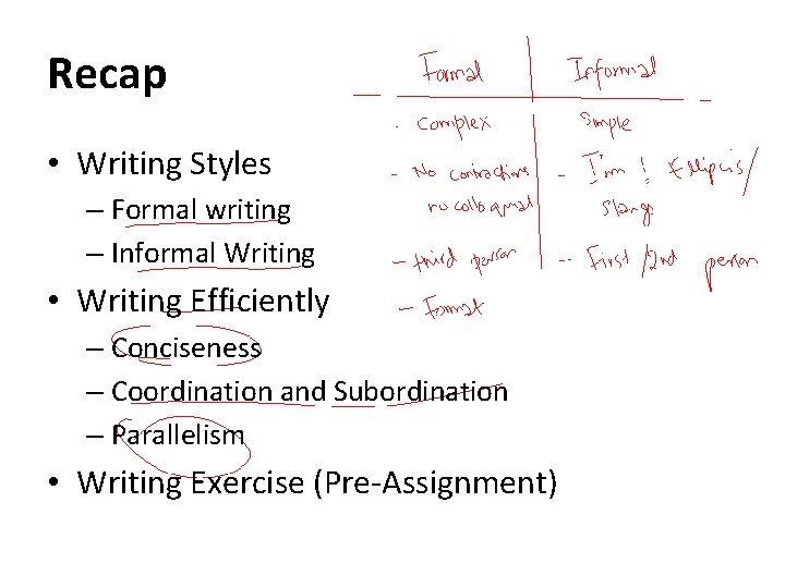 Recap • Writing Styles – Formal writing – Informal Writing • Writing Efficiently –