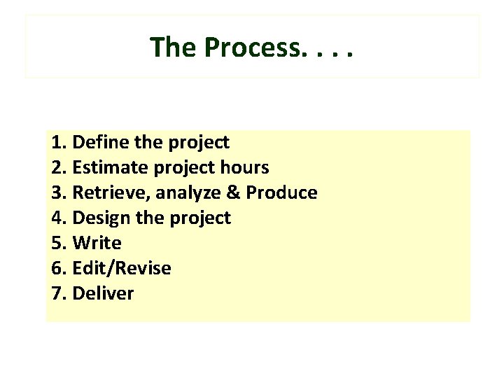 The Process. . 1. Define the project 2. Estimate project hours 3. Retrieve, analyze