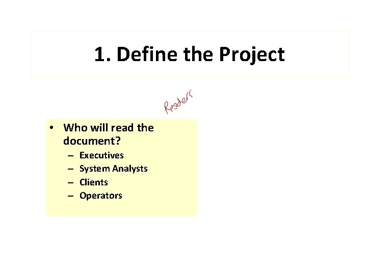 1. Define the Project • Who will read the document? – – Executives System