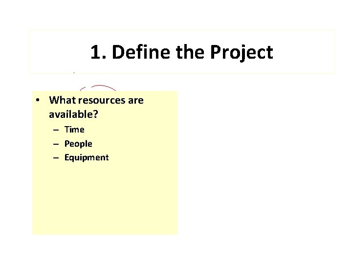 1. Define the Project • What resources are available? – Time – People –