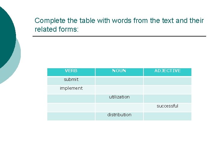 Complete the table with words from the text and their related forms: VERB NOUN