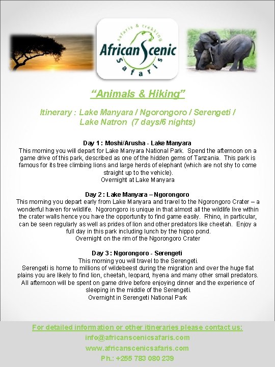 “Animals & Hiking” Itinerary : Lake Manyara / Ngorongoro / Serengeti / Lake Natron