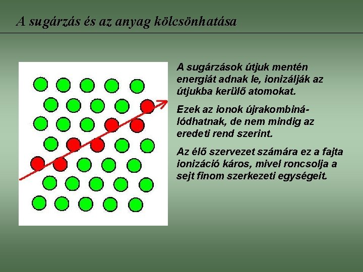 A sugárzás és az anyag kölcsönhatása A sugárzások útjuk mentén energiát adnak le, ionizálják