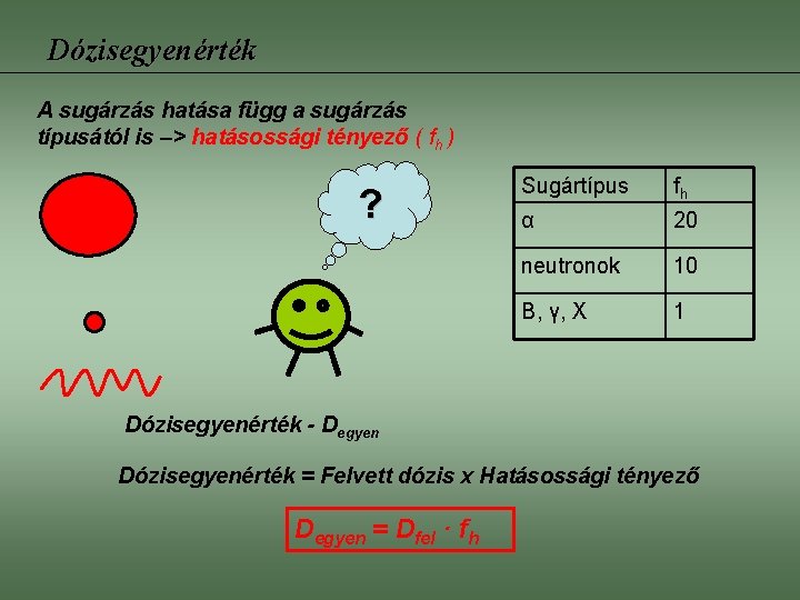 Dózisegyenérték A sugárzás hatása függ a sugárzás típusától is –> hatásossági tényező ( fh