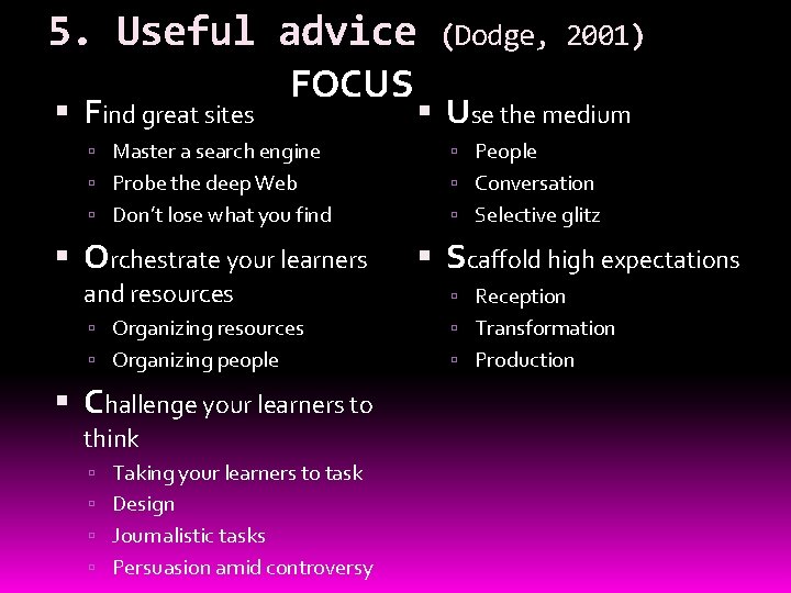 5. Useful advice Find great sites FOCUS (Dodge, 2001) Use the medium Master a