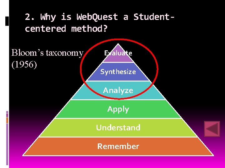 2. Why is Web. Quest a Studentcentered method? Bloom’s taxonomy (1956) Evaluate Synthesize Analyze