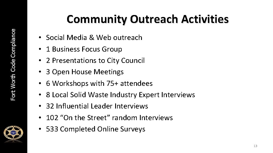 Fort Worth Code Compliance Community Outreach Activities • • • Social Media & Web