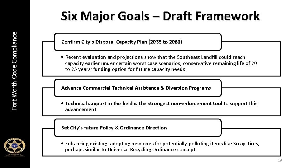 Fort Worth Code Compliance Six Major Goals – Draft Framework Confirm City’s Disposal Capacity