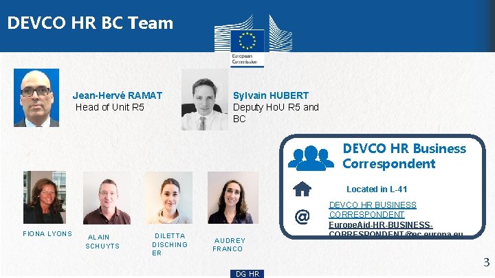 DEVCO HR BC Team Jean-Hervé RAMAT Head of Unit R 5 Sylvain HUBERT Deputy