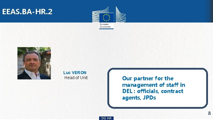 EEAS. BA-HR. 2 Luc VERON Head of Unit Our partner for the management of