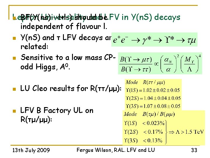 Lepton Universality andbe. LFV in Υ(n. S) decays BF(Y(ns)→l+l-) should n n n independent