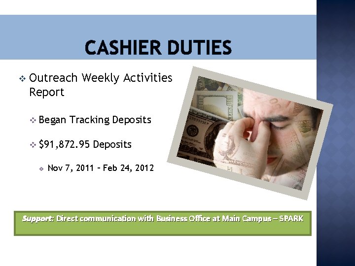 CASHIER DUTIES v Outreach Weekly Activities Report v Began Tracking Deposits v $91, 872.