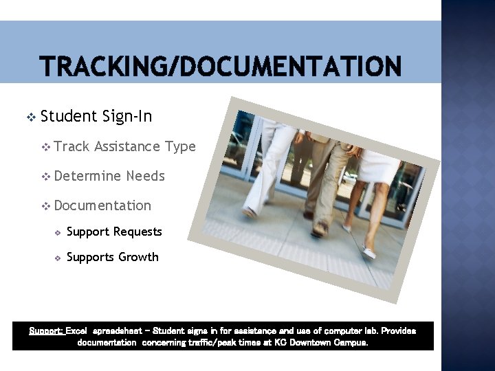 TRACKING/DOCUMENTATION v Student Sign-In v Track Assistance Type v Determine Needs v Documentation v