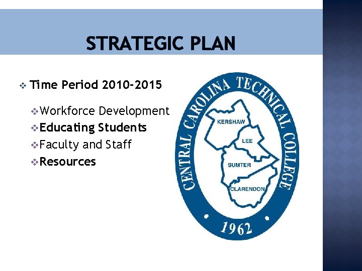 STRATEGIC PLAN v Time Period 2010 -2015 v. Workforce Development v. Educating Students v.