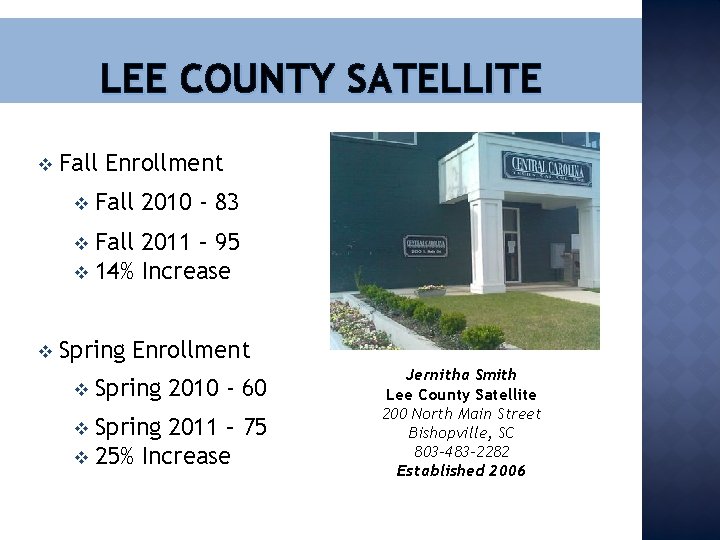 LEE COUNTY SATELLITE v Fall Enrollment v Fall 2010 - 83 Fall 2011 –