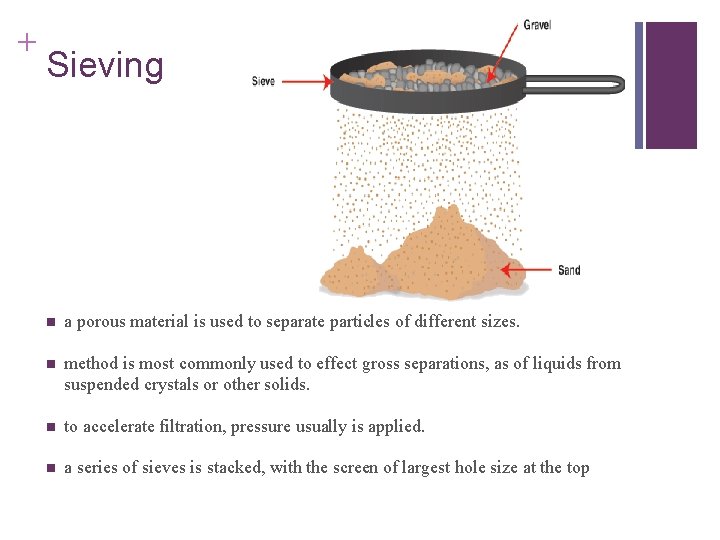 + Sieving n a porous material is used to separate particles of different sizes.