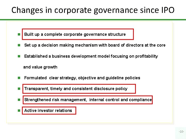 Changes in corporate governance since IPO n Built up a complete corporate governance structure