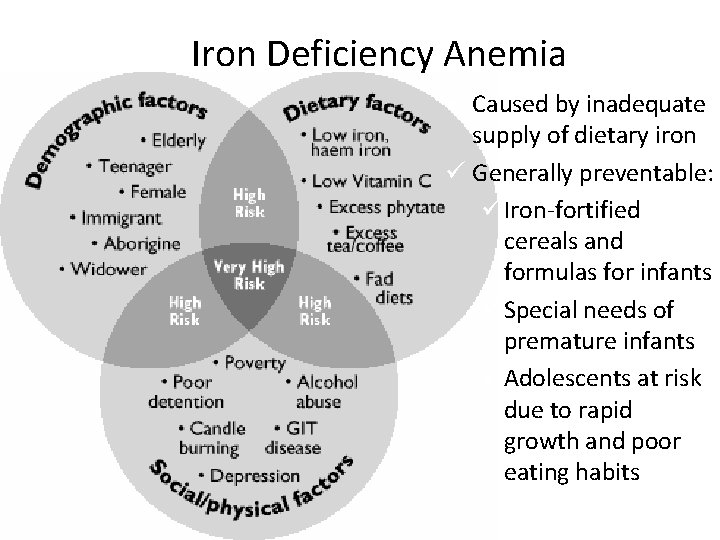 Iron Deficiency Anemia ü Caused by inadequate supply of dietary iron ü Generally preventable: