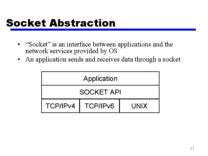 Socket Abstraction • “Socket” is an interface between applications and the network services provided