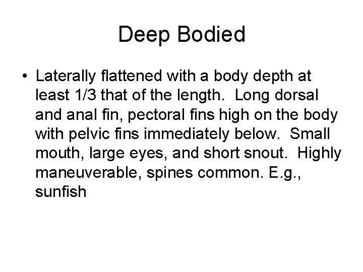 Deep Bodied • Laterally flattened with a body depth at least 1/3 that of