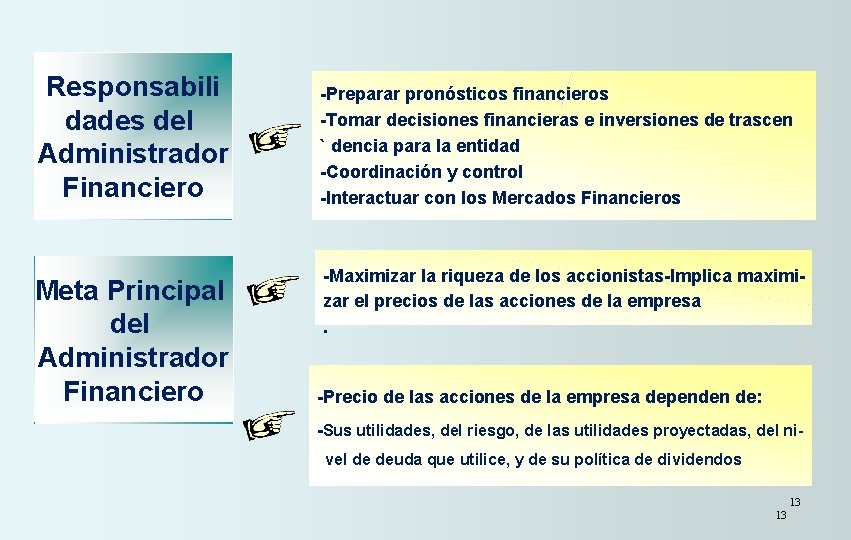 Responsabili dades del Administrador Financiero Meta Principal del Administrador Financiero -Preparar pronósticos financieros -Tomar