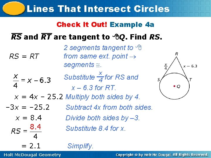 Lines That Intersect Circles Check It Out! Example 4 a RS and RT are