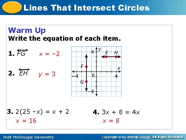 Lines That Intersect Circles Warm Up Write the equation of each item. 1. FG