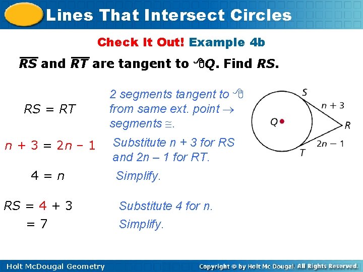 Lines That Intersect Circles Check It Out! Example 4 b RS and RT are