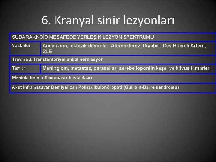 6. Kranyal sinir lezyonları SUBARAKNOİD MESAFEDE YERLEŞİK LEZYON SPEKTRUMU Vasküler Anevrizma, ektazik damarlar, Ateroskleroz,