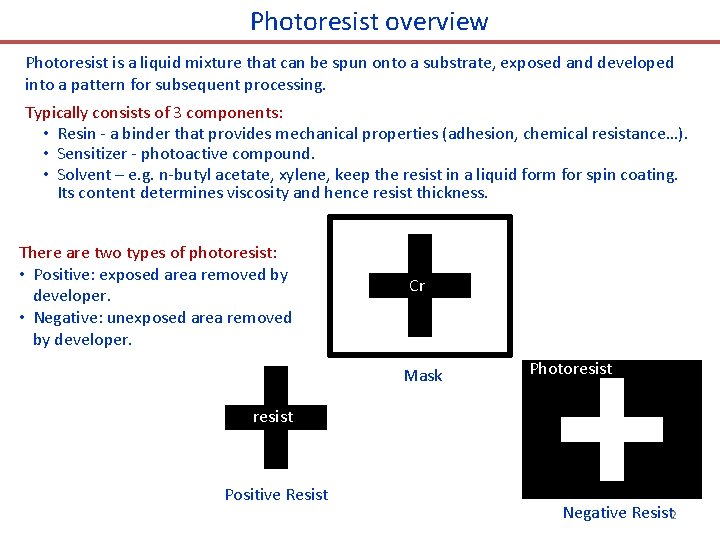 Photoresist overview Photoresist is a liquid mixture that can be spun onto a substrate,