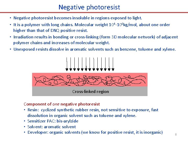 Negative photoresist • Negative photoresist becomes insoluble in regions exposed to light. • It