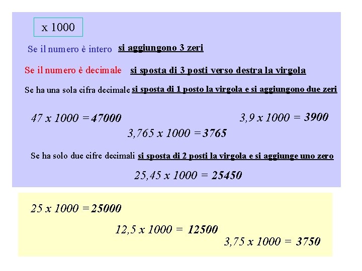 x 1000 Se il numero è intero si aggiungono 3 zeri Se il numero