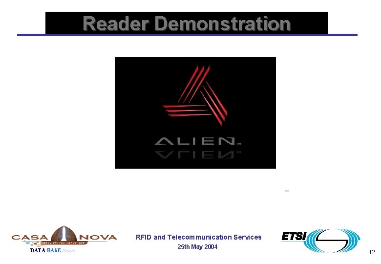 Reader Demonstration RFID and Telecommunication Services DATA BASE forum 25 th May 2004 12