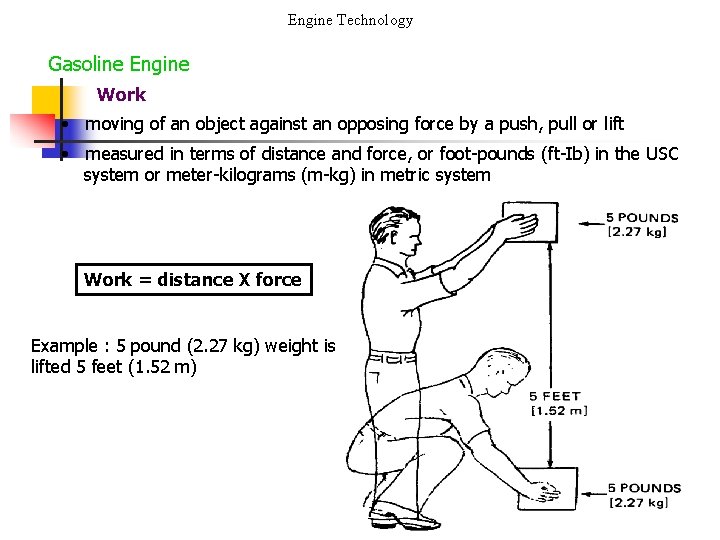 Engine Technology Gasoline Engine Work • moving of an object against an opposing force