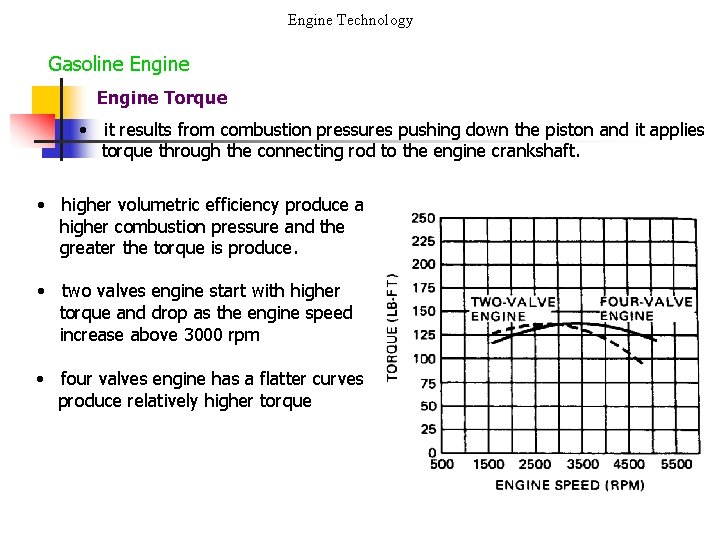 Engine Technology Gasoline Engine Torque • it results from combustion pressures pushing down the