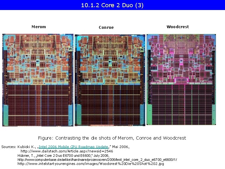 10. 1. 2 Core 2 Duo (3) Merom Conroe Woodcrest Figure: Contrasting the die 10. 1. 2 Core 2 Duo (3) Merom Conroe Woodcrest Figure: Contrasting the die