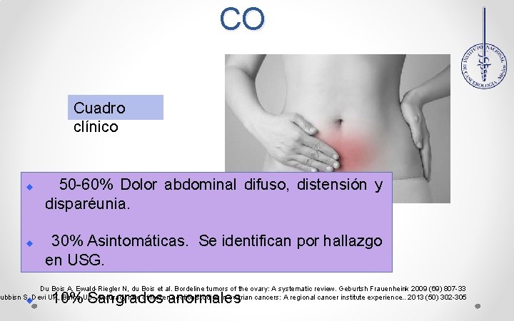 CO Cuadro clínico u u 50 -60% Dolor abdominal difuso, distensión y disparéunia. 30%