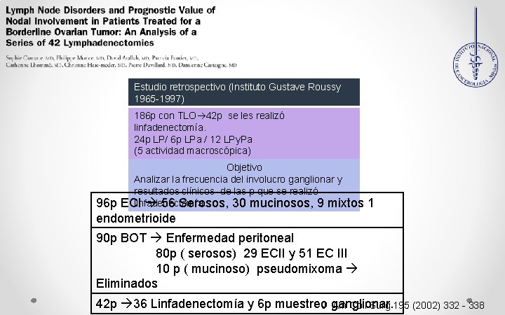 Estudio retrospectivo (Instituto Gustave Roussy 1965 -1997) 186 p con TLO 42 p se