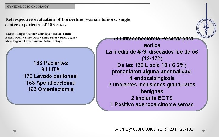 183 Pacientes 91 HTA 176 Lavado peritoneal 153 Apendicectomia 163 Omentectomia 159 Linfadenectomia Pelvica/