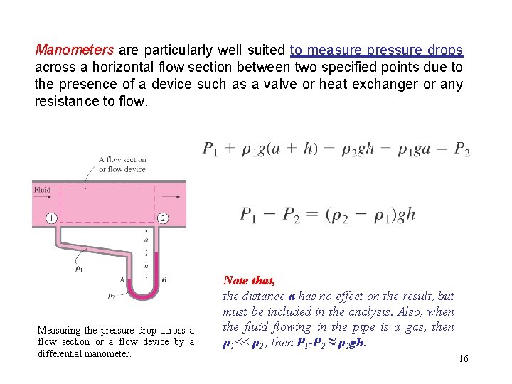 Manometers are particularly well suited to measure pressure drops across a horizontal flow section Manometers are particularly well suited to measure pressure drops across a horizontal flow section