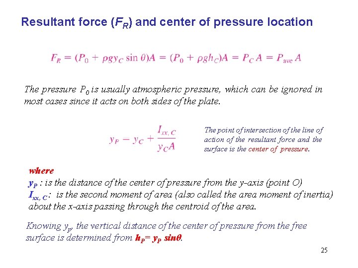 Resultant force (FR) and center of pressure location The pressure P 0 is usually Resultant force (FR) and center of pressure location The pressure P 0 is usually