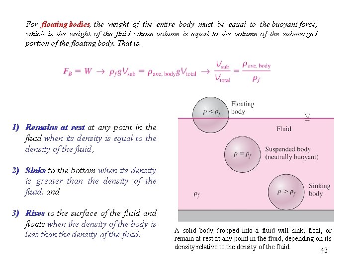 For floating bodies, the weight of the entire body must be equal to the For floating bodies, the weight of the entire body must be equal to the