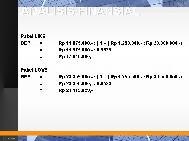 ANALISIS FINANSIAL Paket LIKE BEP = = = Rp 15. 975. 000, - :