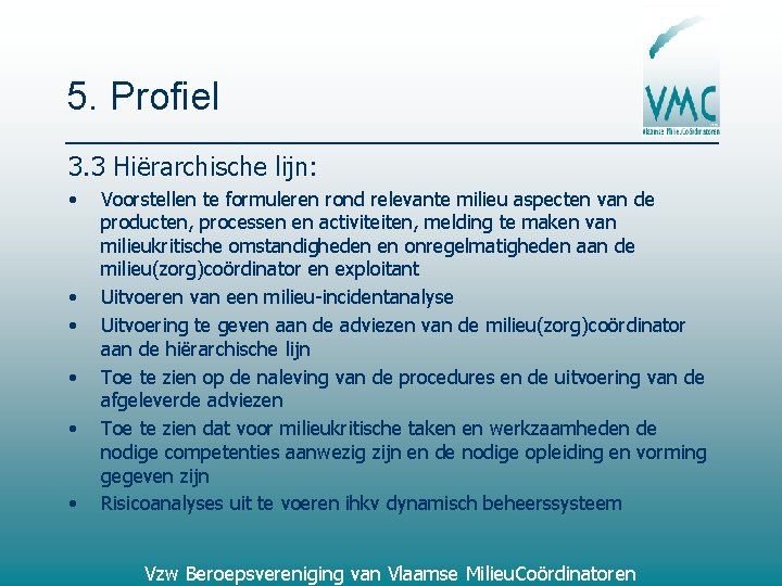 5. Profiel 3. 3 Hiërarchische lijn: • • • Voorstellen te formuleren rond relevante