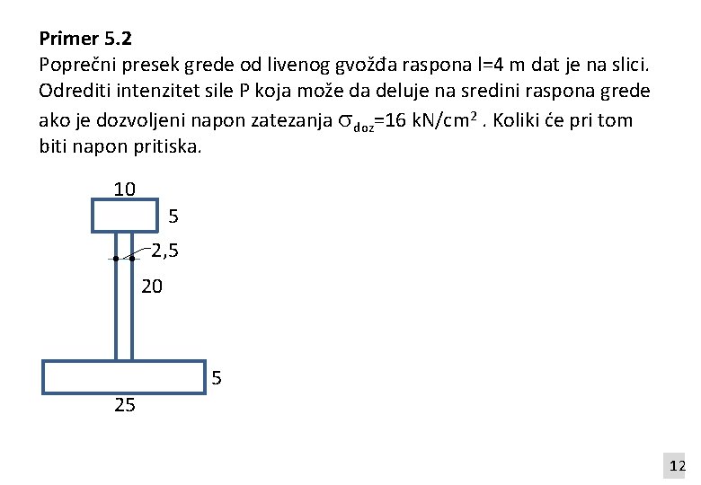 Primer 5. 2 Poprečni presek grede od livenog gvožđa raspona l=4 m dat je