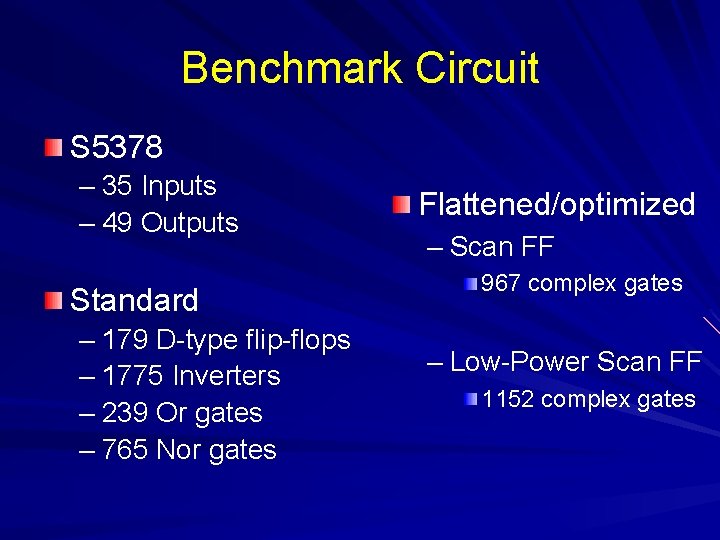 Benchmark Circuit S 5378 – 35 Inputs – 49 Outputs Standard – 179 D-type