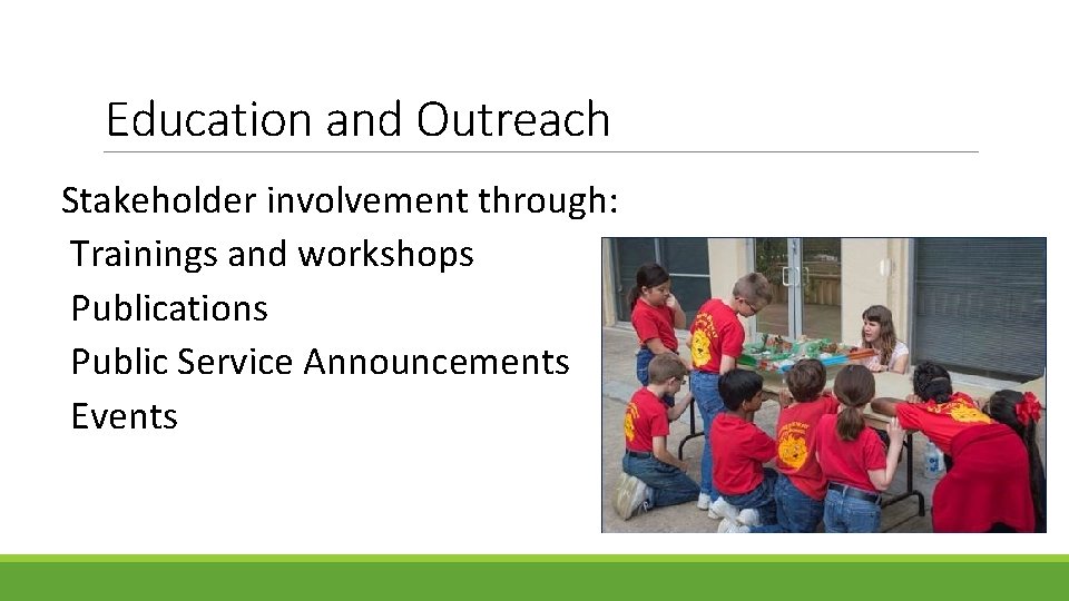 Education and Outreach Stakeholder involvement through: Trainings and workshops Publications Public Service Announcements Events